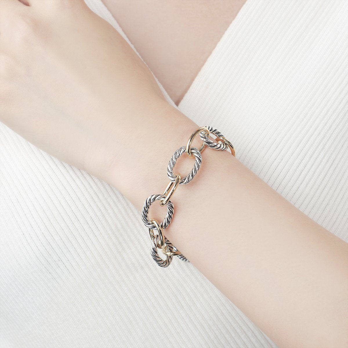 UNY JEWEL Twisted Cable Wire Link Chain Bracelet Two Tone Designer Brand Inspired Women Jewelry Valentine (2 Tone)