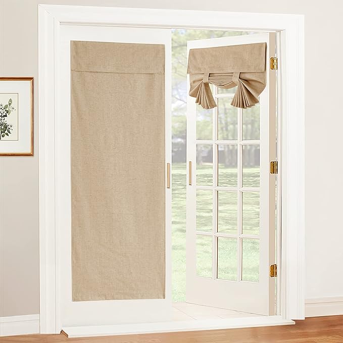 RYB HOME 100% Blackout Tricia Door Curtains, Linen Textured Blend Thermal Insulating Privacy French Door Window Tie Up Shades Living Room Curtains for Kitchen, W 30 x L 69 inches, Camel, 1 Panel