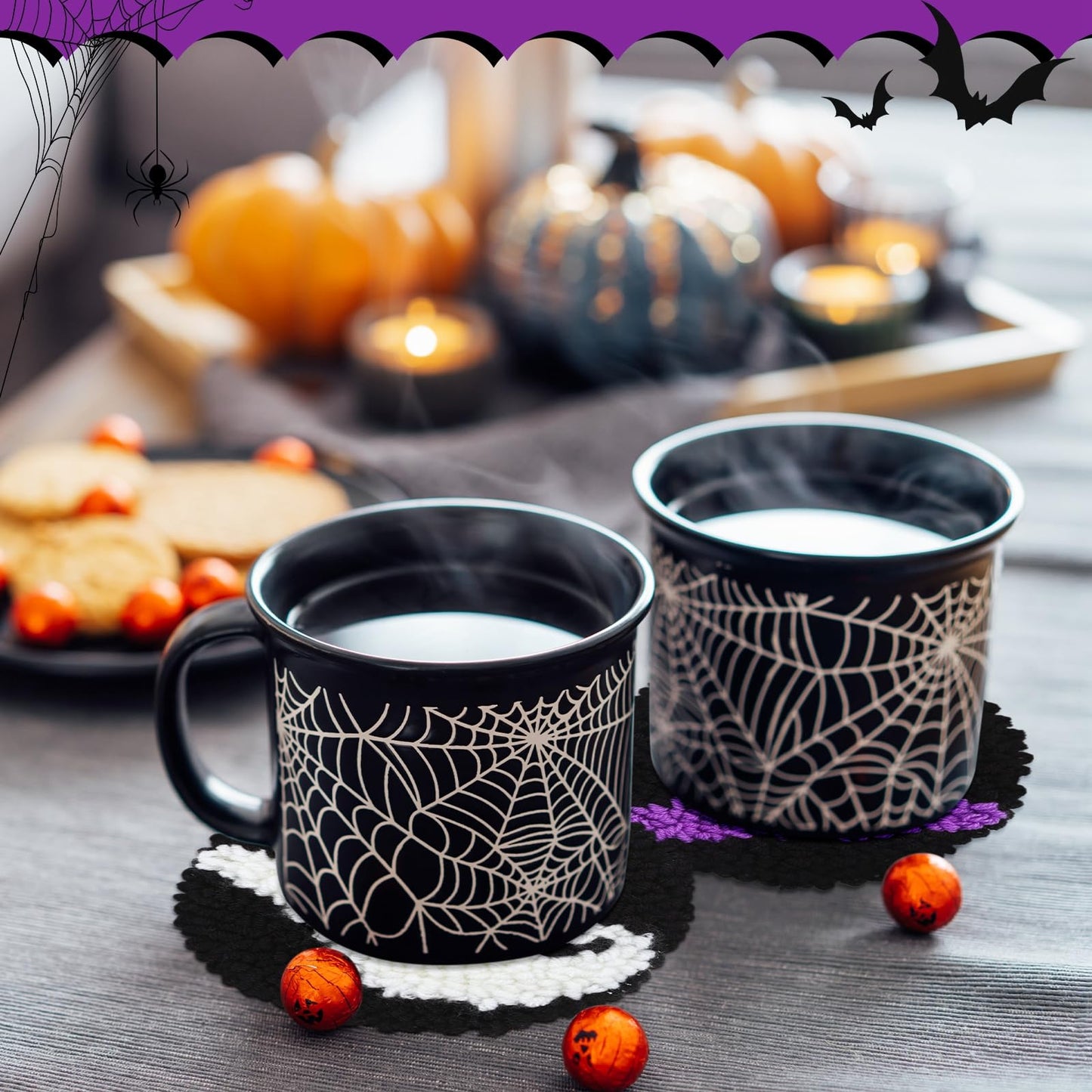 Yaomiao 6 Pcs Halloween Punch Needle Coaster Kit Punch Needle Embroidery Kits Craft Supplies with Patterns Yarns Tools Adhesive Felt Embroidery Hoop Instruction Holder for Adult DIY