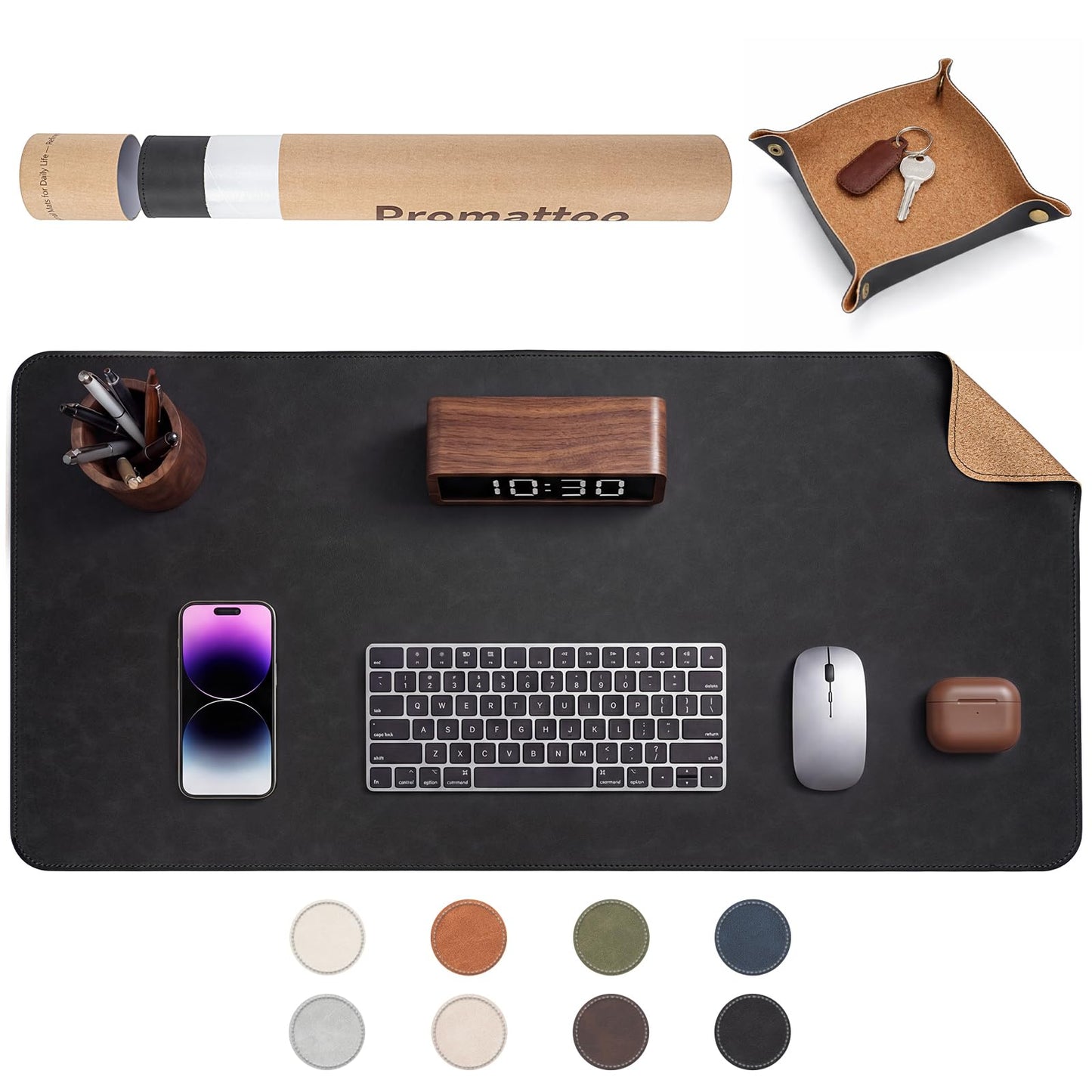 Premium Faux Leather Desk Mat & Tray Set，Innovative Cork-Look Printed Base，Gift Tube Packaging，Full-Desk Coverage，Non-Slip Desk Pad for Office Home（Classic Black）