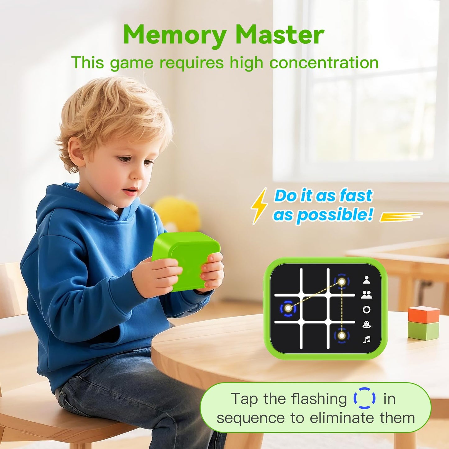 Niufuntek Rechargeable Tic Tac Toe Game Box with 5 Fun Brain Memory Games, Electronic Touchscreen Handheld Game, Portable Digital Puzzle Board Travel Toy, Gifts Choice for Kids and Adults (Green)