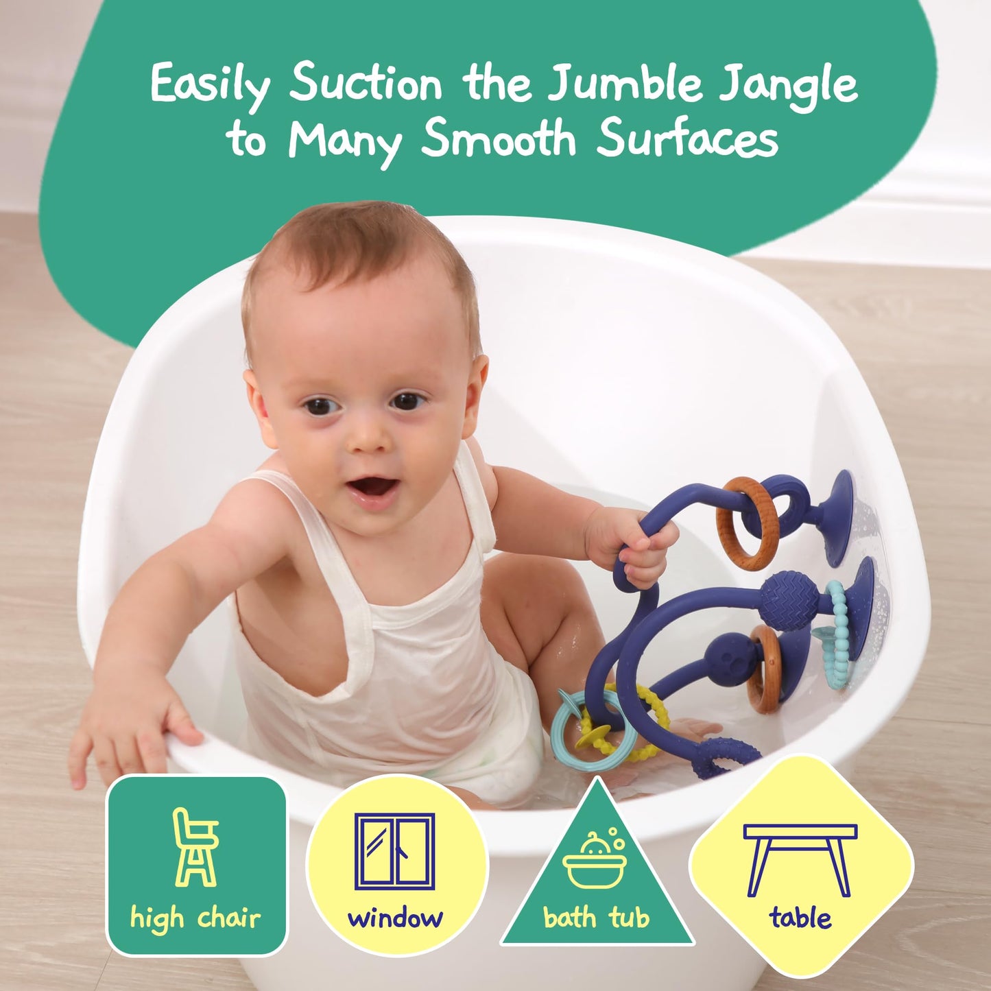 Jumble Jangle Baby Teething Toys – BPA-Free, Multi Purpose High Chair Toys & Sensory Toys for Kids with Autism: Suction Teething Relief with Sensory Toy Textures for Infants & Toddlers (Dark)