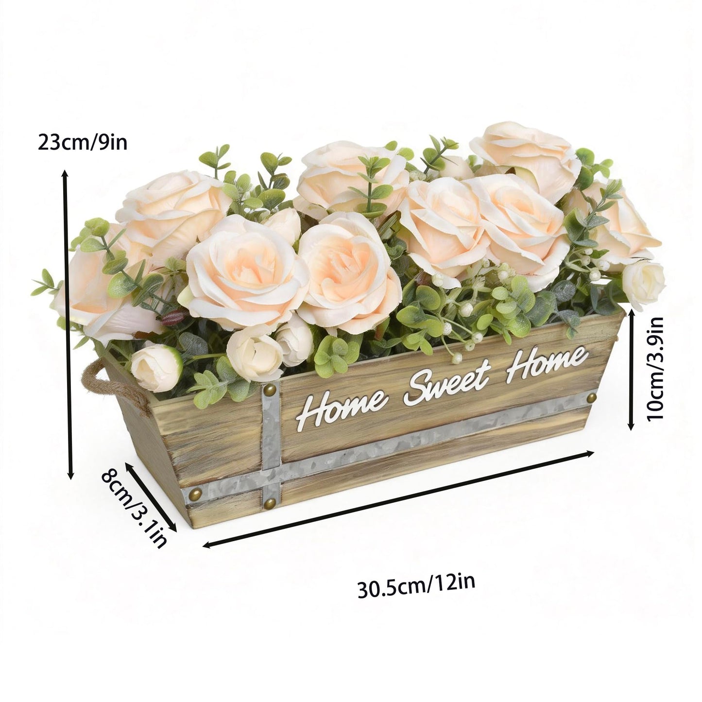 ANMAYNICE Artificial Rose Flower Arrangement with Eucalyptus in Wooden Planter, Faux Flowers Farmhouse Table Centerpiece, “Home Sweet Home” Rustic Home Décor, Champagne