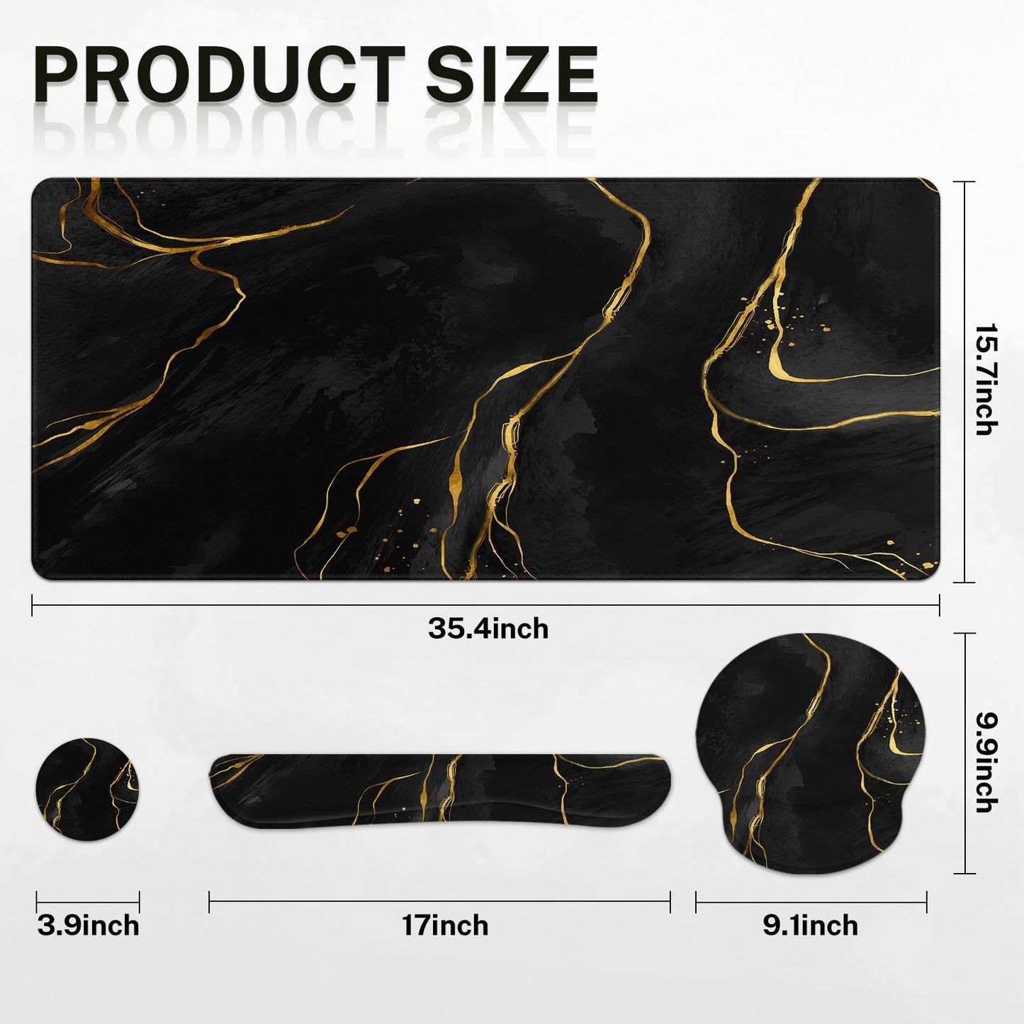 Britimes Black Gold Marble Keyboard Mouse Pad Set 4in1 Large Mousepad+Keyboard Wrist Rest+Mouse Wrist Rest+Coaster Ergonomic Design for Home Office Computer 35.4x15.7 inches