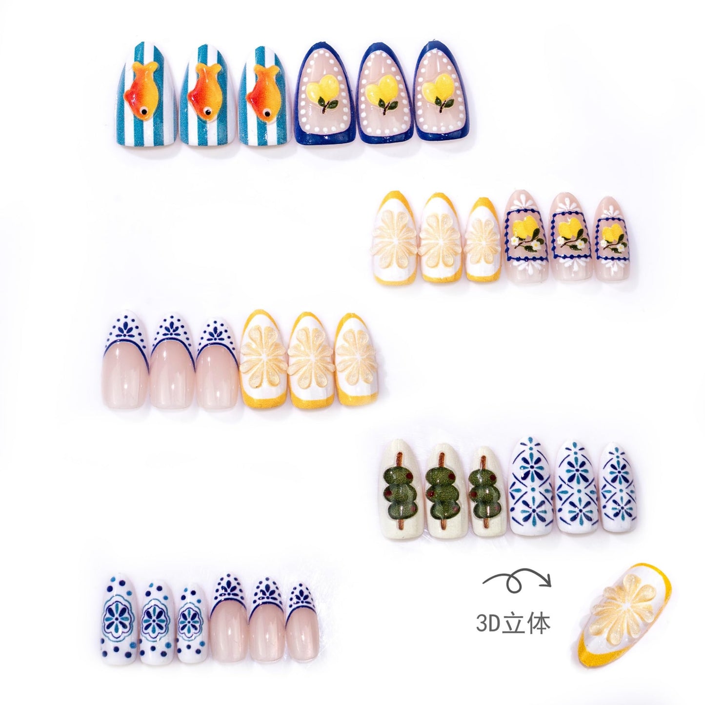 octoswave Long Almond Press on Nails with 3D Fruit & Fish Art - Acrylic Fake Nails for Women, Perfect for Summer Vacations, Parties & Beach Outings - 30Pcs