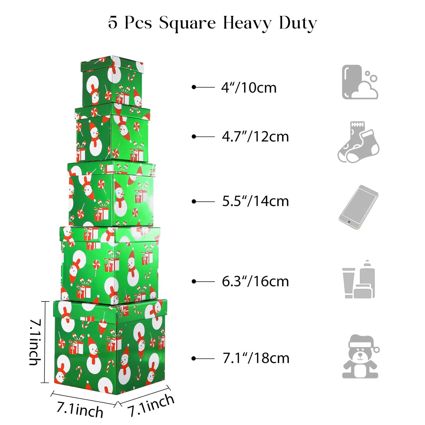 PAPER FAIR 5PCS Christmas Snowman Nesting Gift Boxes Set, Green Foil Mirror Candy Cane Lollipop Square Cardboard Nested Box w/Lid, for Gift Wrapping Holiday Present Birthday, Assorted Size