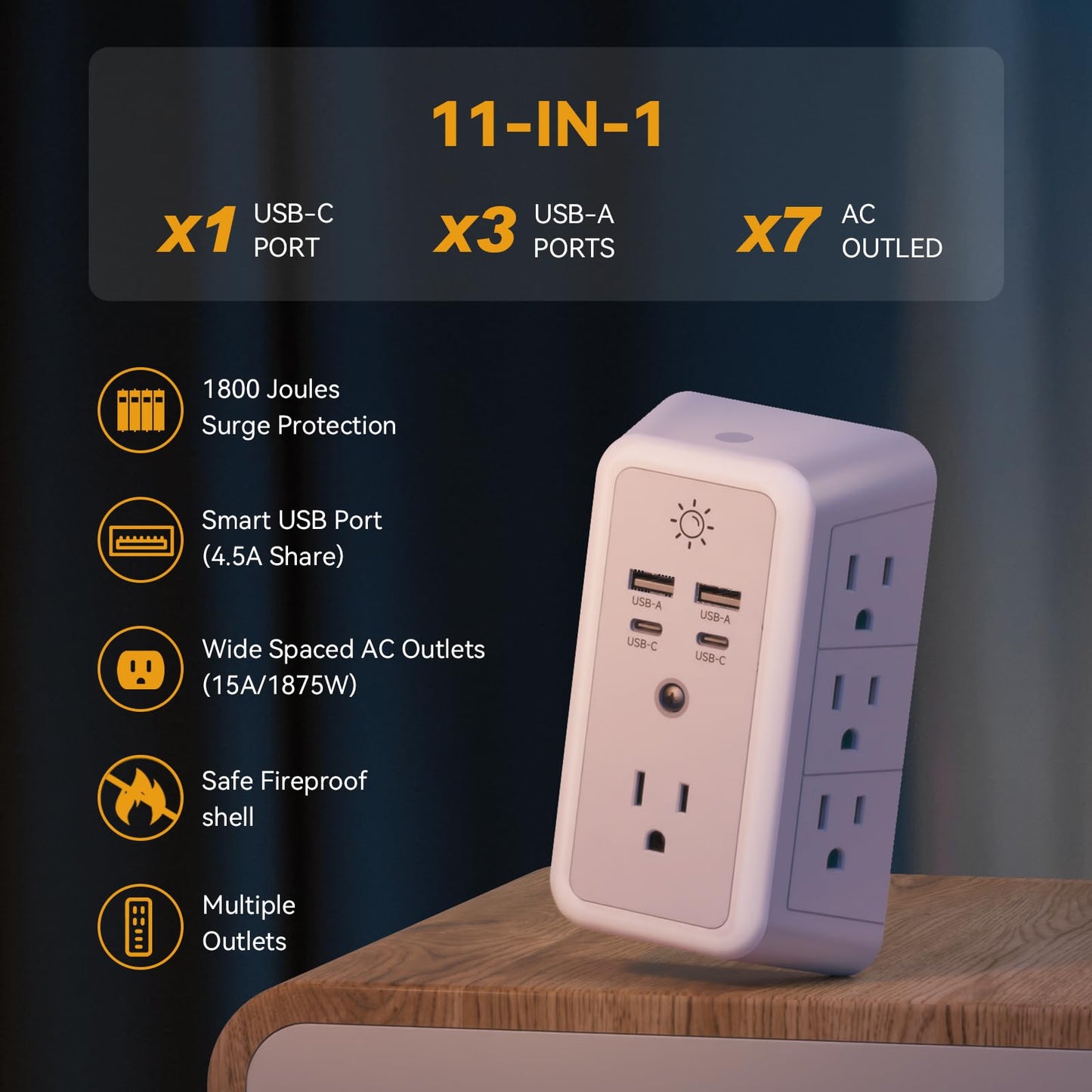 Multi Plug Outlet, USB Wall Charger, Surge Protector, 7 Outlet Extender with 4 USB Charging Ports (2 USB C) 1680J Power Strips Outlets with Night Light, Wall Plug Adapter Spaced for Home Travel Office