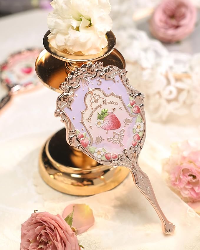 Flower Knows Violet Strawberry Rococo Hand Mirror,Vintage Portable Handheld Mirror,Fancy & Pretty Princess Mirror with Long Handle,Gift for Girls(Wisteria Purple)