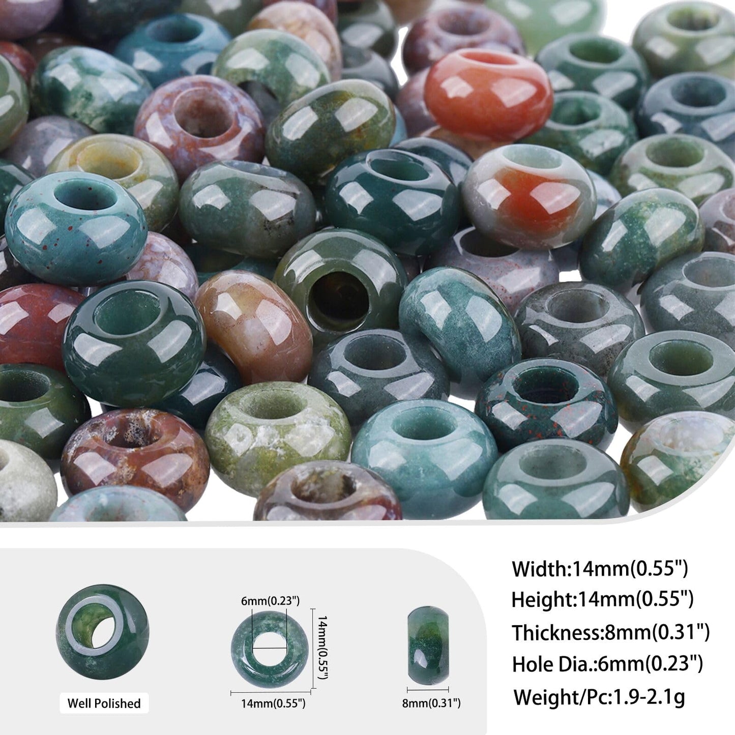 mookaitedecor 25 Pcs Indian Agate Large Hole Beads Stone Rondelle Gemstone Loose Beads for Jewelry Making, Bracelet, Macrame Projects, DIY Crafts, 8x14 mm