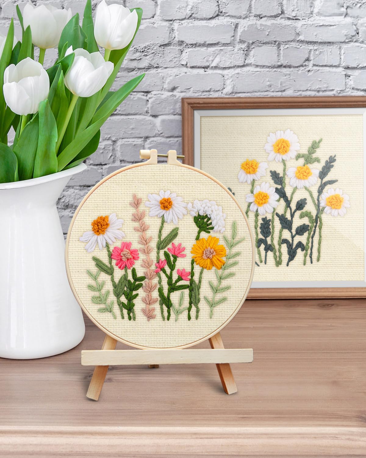 ERKOON Punch Needle Kit Adults Beginners, 2 Pcs DIY Easy Flower Embroidery Set for Starter Art Craft, Needling Punching Project with Patterns, Tools, Yarns, Hoop, Instruction (Daisies)
