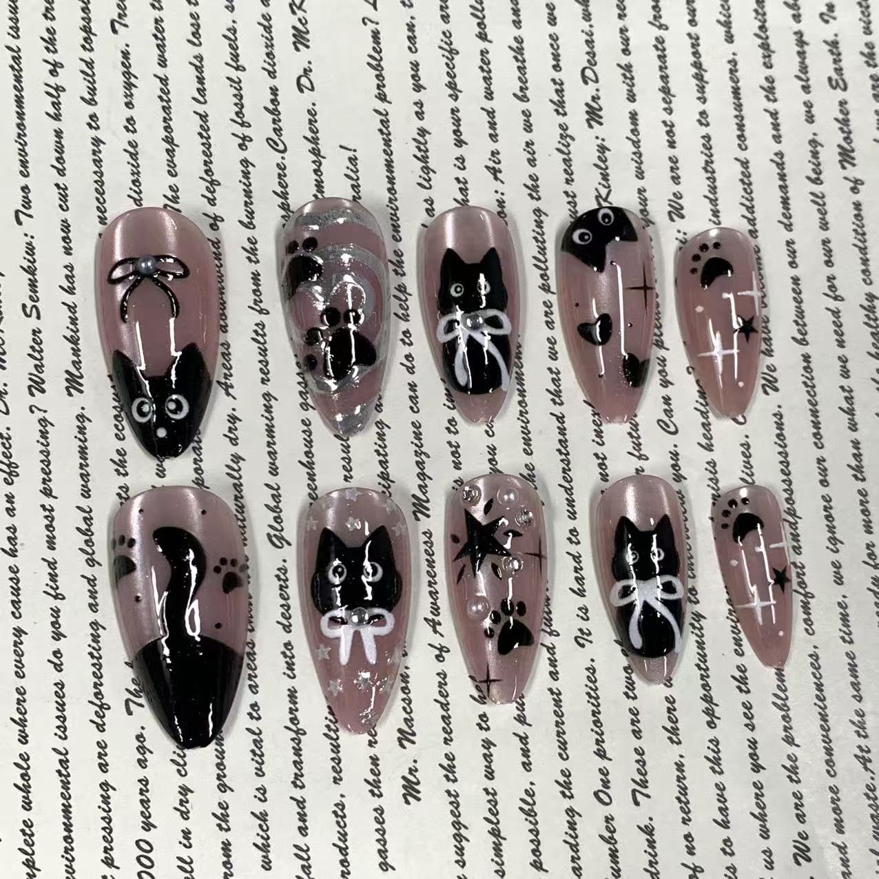 BABALAL Medium Almond Press on Nails - Pink Cat Eye Acrylic Nails with Black Cat Anime Kawaii Design, 24Pcs Cute Glossy Full Cover False Nails