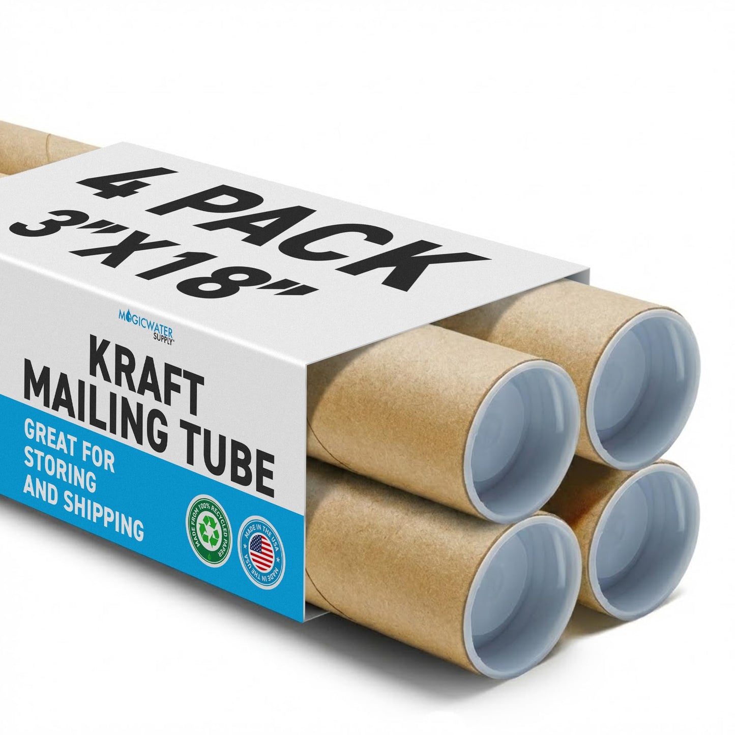 MagicWater Supply Mailing Tube - 3 in x 18 in - Kraft - 4 Pack - for Shipping and Storage of Posters, Arts, Crafts, and Documents