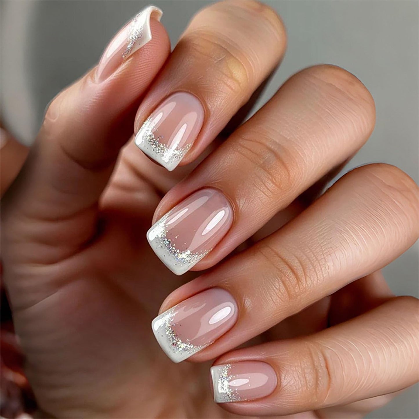 French Tip Press on Nails Short Square Fake Nails with Glitter Designs Nails Press ons Nude White Glue on Nails Glossy Artificial Nails Natural Acrylic Nails Simple Stick on Nails for Women 24Pcs