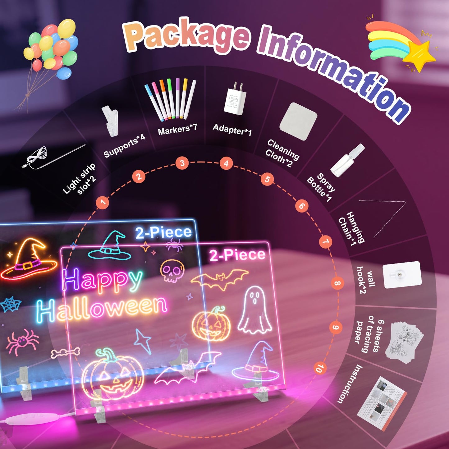 LED Note Board with 7 Colors 2-Pack,13.7"x10" Light Up Dry Erase Board for Kids with 4 Modes,Includes Adapter,Invisible Stand,7 Markers,Spray Bottle,Hanging Chain - Holiday & Christmas Gift,Acrylic
