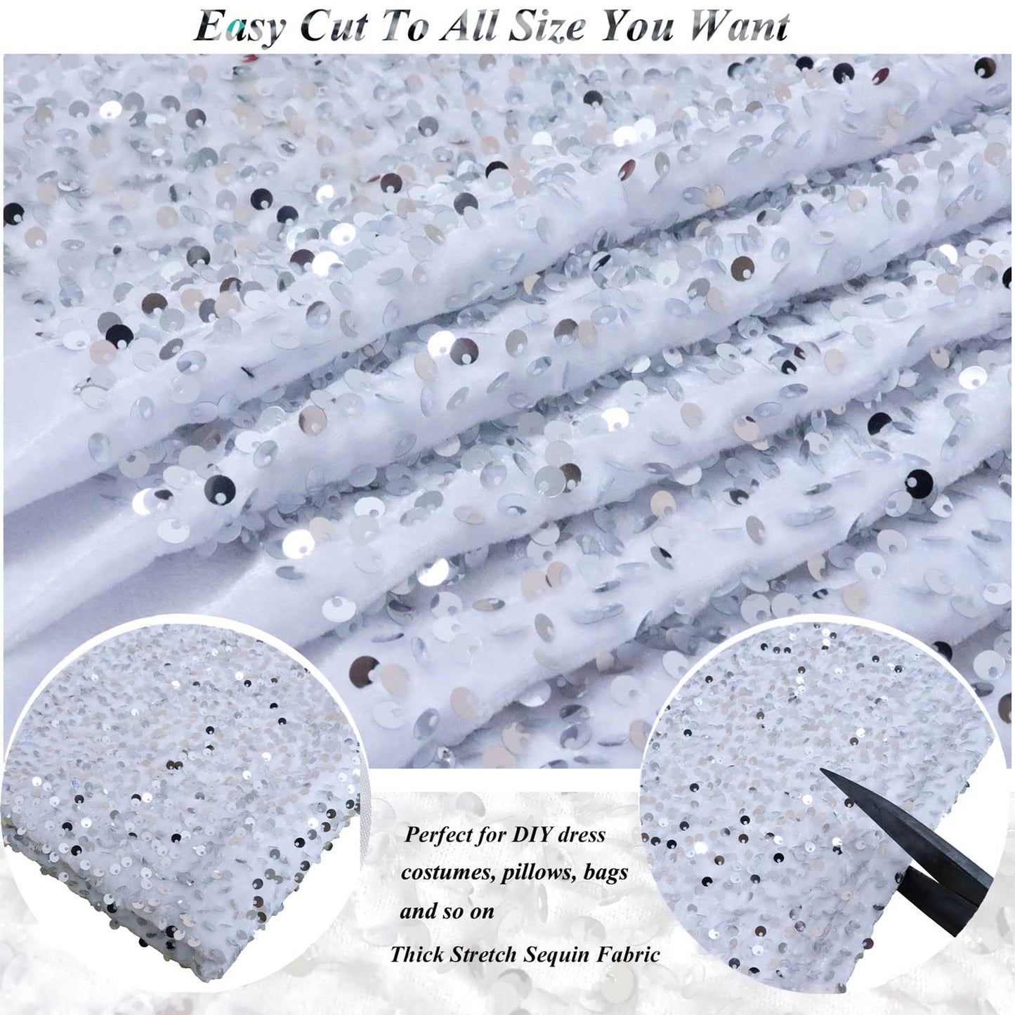 White Fabric Silver Sequin Material Fabric by The Yard 1 Yard Embroidery Sewing Fabric for Crafting Sparkly Metallic Mesh Sequins Fabric Knit Reversible Dress Quilting Fabric for Bridal Clothes Gowns