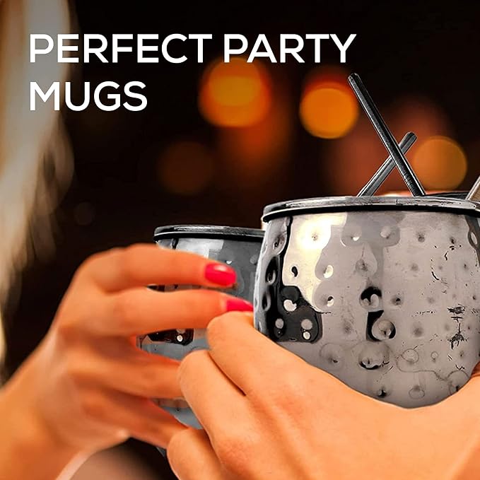Artisan's Anvil Moscow Mule Mugs with Straws, Comfortable Brass Handle, Stainless Steel Made, Original Hammered Shape, Glossy Black Nickel Plated, Set of 2