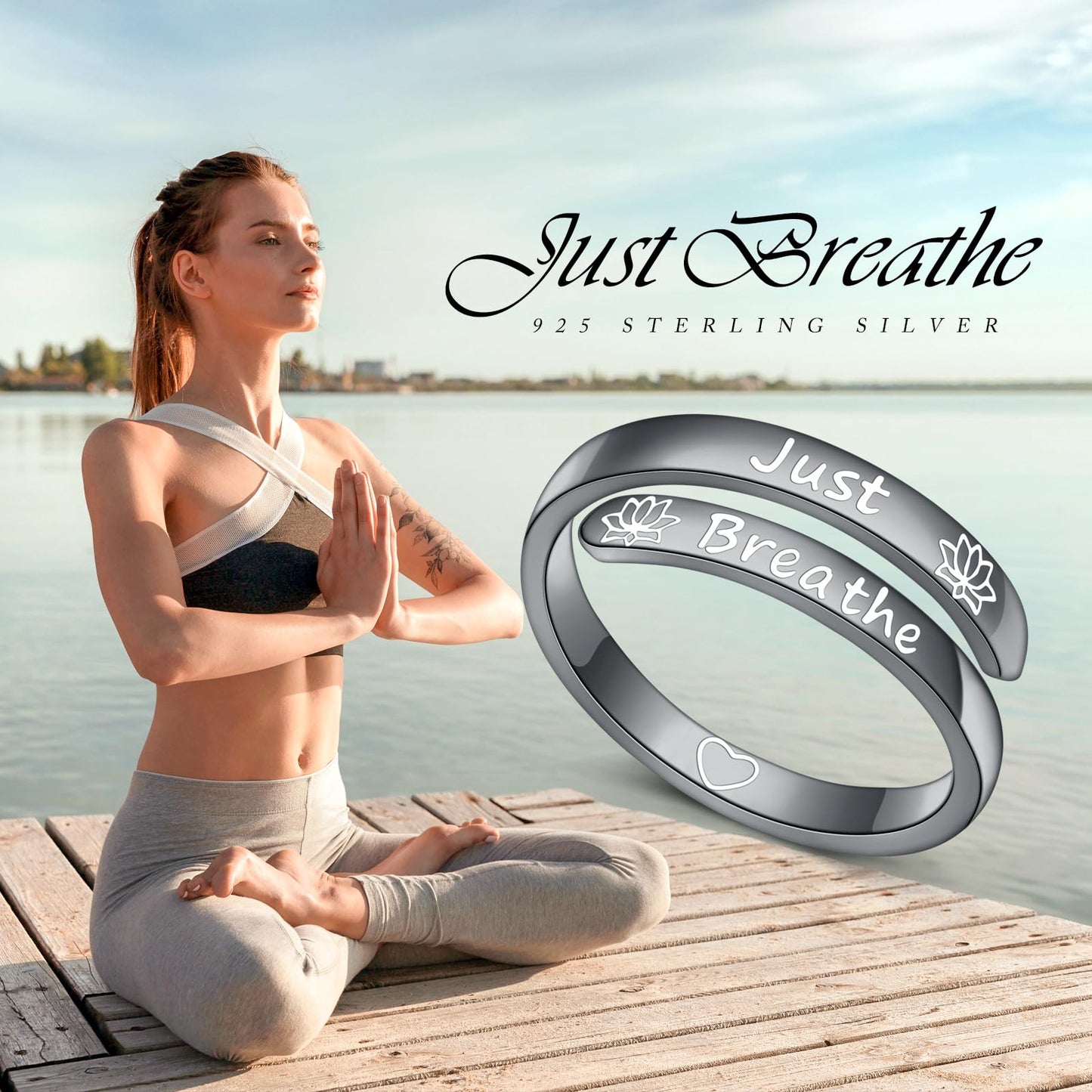 Just Breathe Rings 925 Sterling Silver Yoga Lotus Flower Stacking Wrap Spiral Twist Statement Band Encouragement Hope Ring for Women Men,Black Adjustable Inspirational Ring