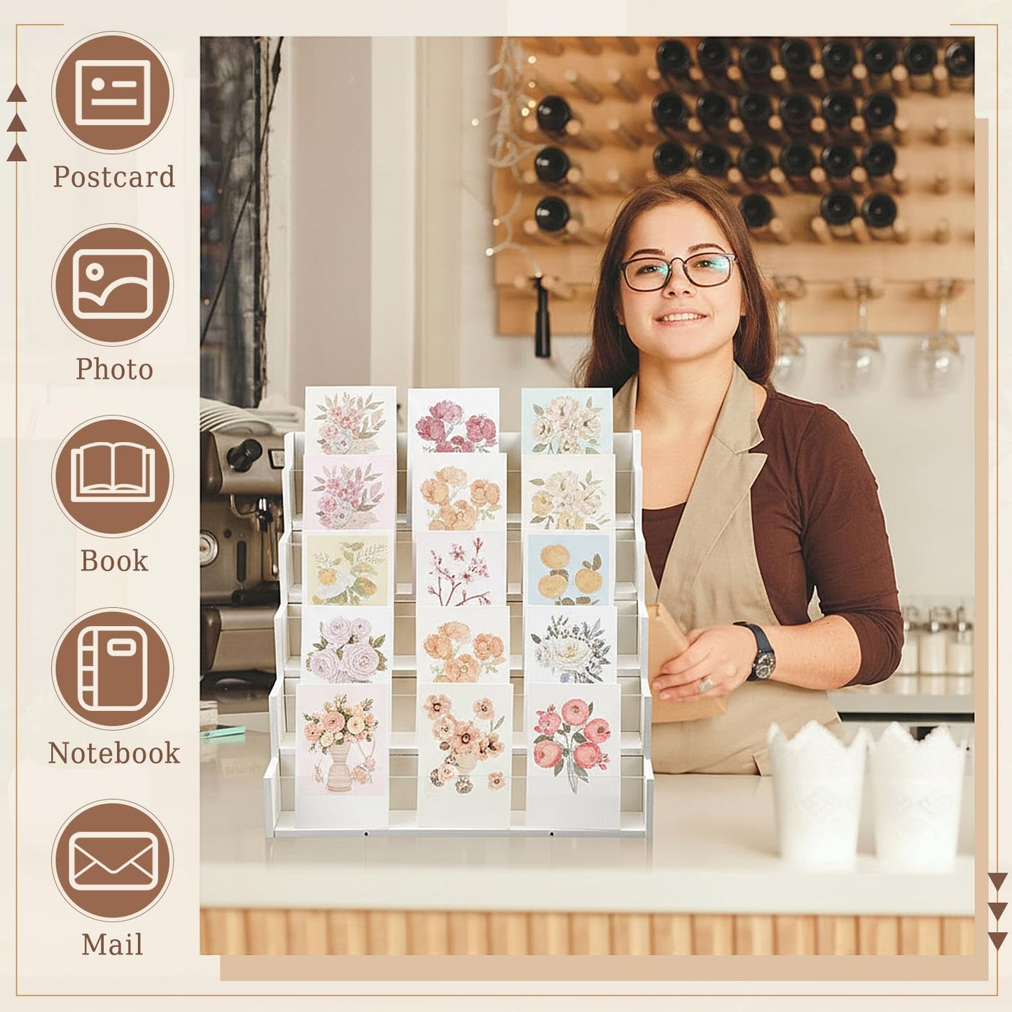 Yuntau 5 Tier Greeting Card Display Stand White Bamboo and Acrylic Sticker Display Stand Trading Card Holder Retail Photos Shelf for Vendors Craft Collection & Show