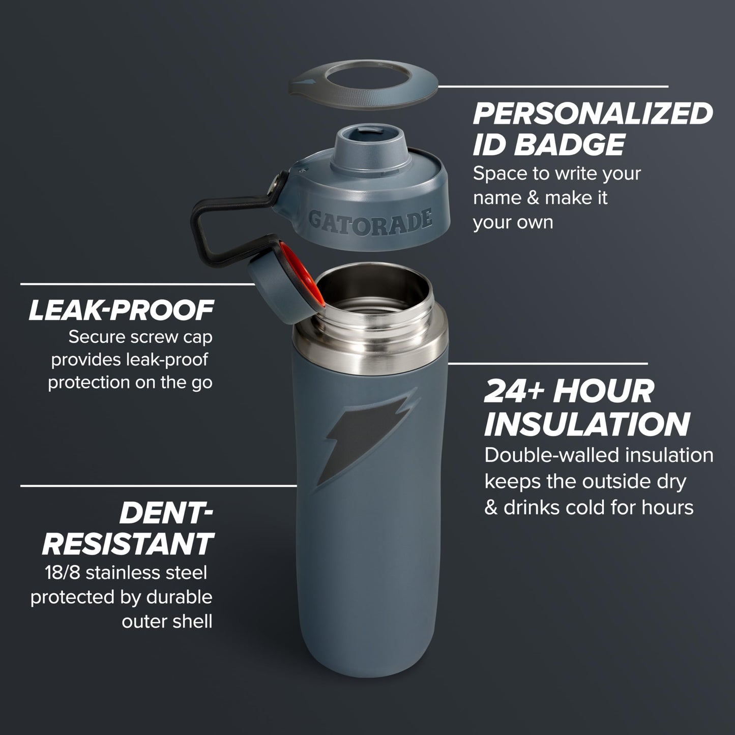 Gatorade 'Overtime' 22oz Stainless Steel Water Bottle, Twist Cap, Grey