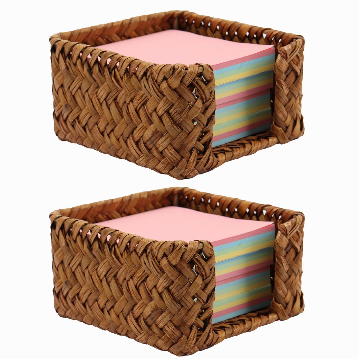 Shonmogar Seagrass Sticky Note Holder,2 Pack Woven Post It Note Dispenser for Desk,3 x 3 Inch Post It Note Holder, Rustic Sticky Note Dispenser for Home Office Desk Table Drawer, Caramel