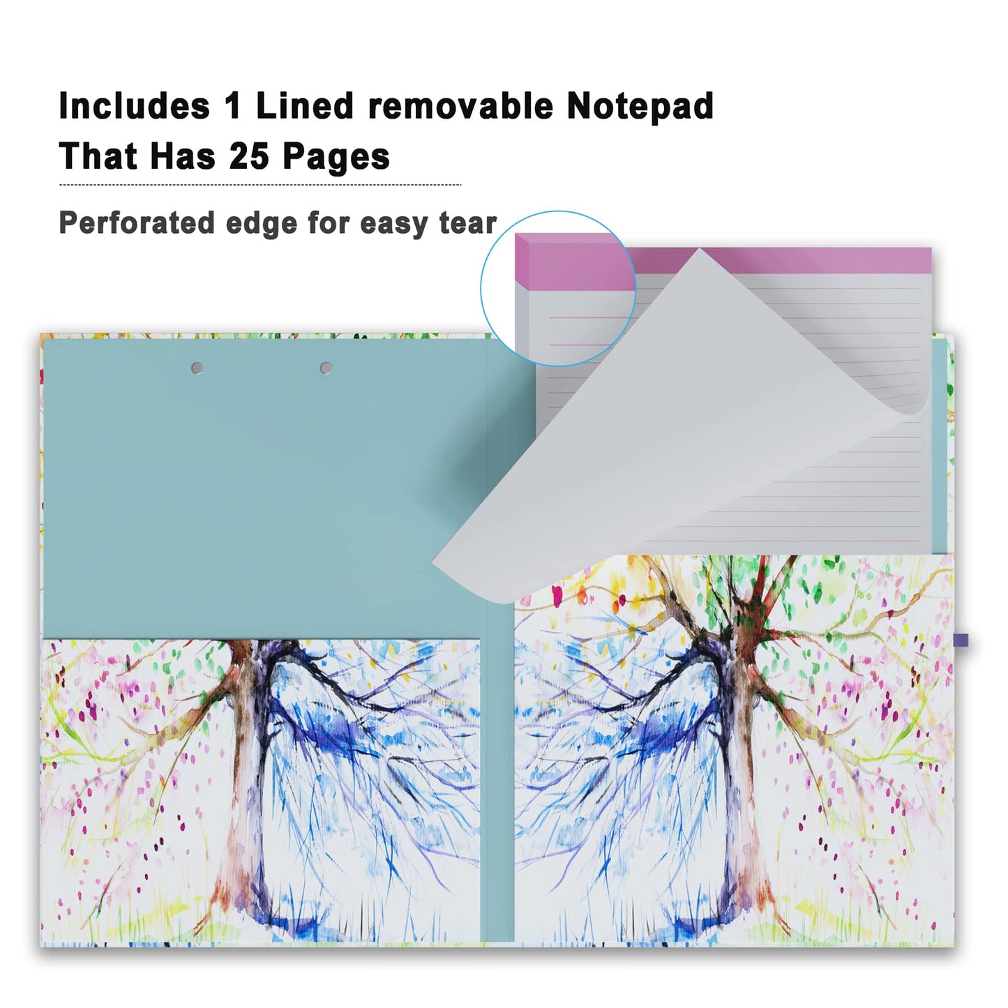 Cute Clipboard Folio with Refillable Lined Notepad and Interior Storage Pocket for Office Stylish A4 Foldable Clipfolio - Tree Seasons