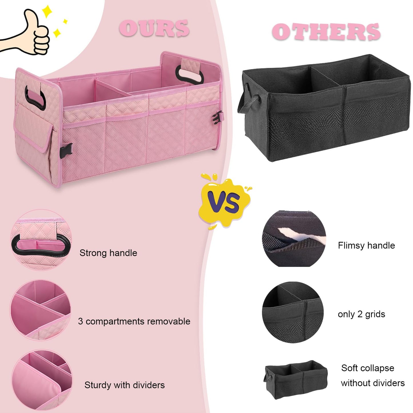 JiatuA Car Trunk Organizer for SUV, Car Storage Organizer Collapsible Multi Compartment Container Box, Adjustable Car Accessories for Women/Men, Pink