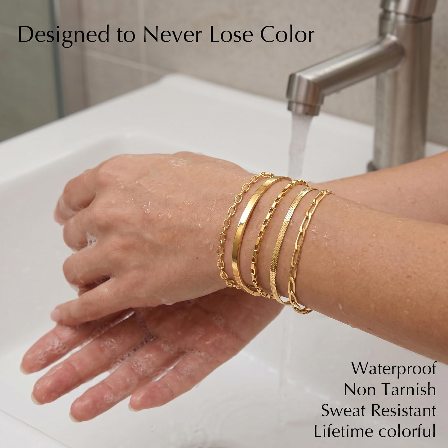 Gold Bracelets for Women Non Tarnish Bangle Cuff, Stackable Bracelet Set on Chunky Bangle Cuff, Box Link, Paperclip, Herringbone, Figaro Chain, Adjustable Waterproof Non Tarnish Jewelry Gifts for Women