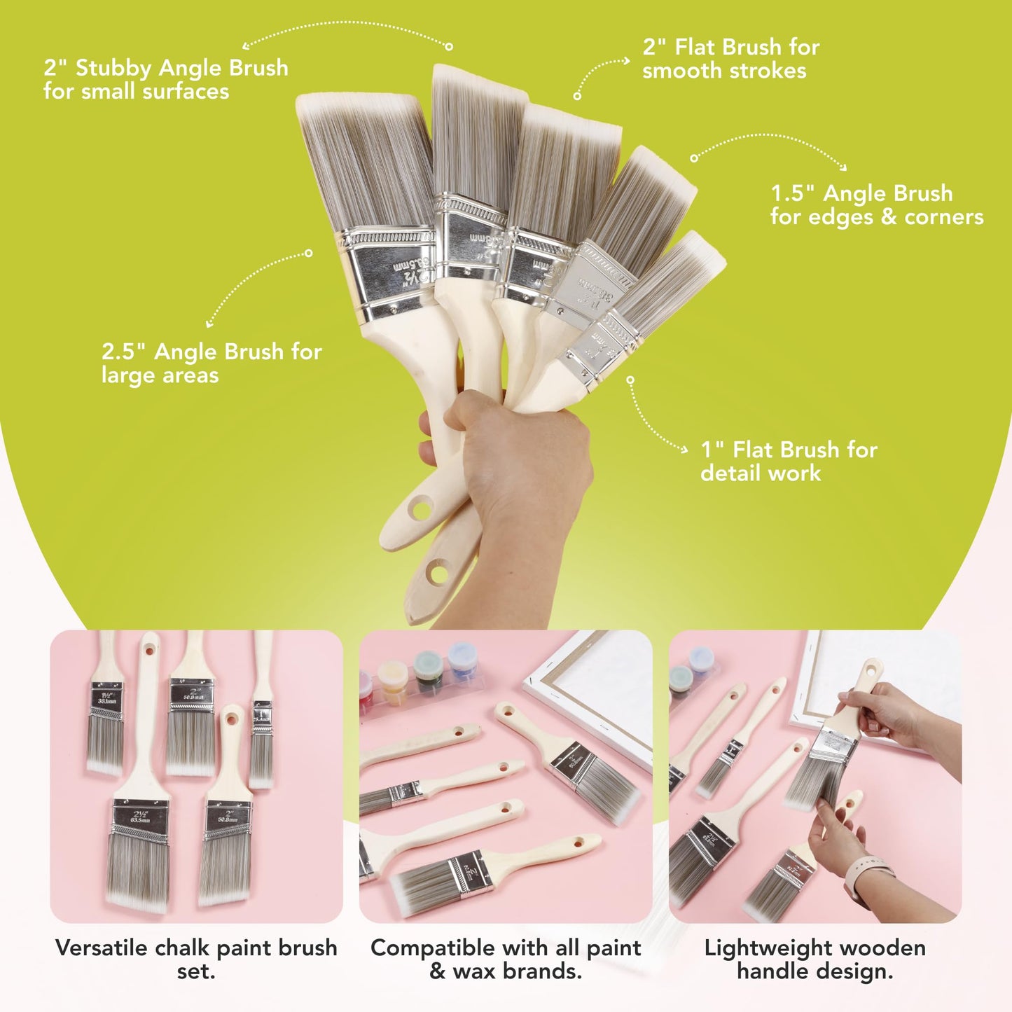 Incraftables Assorted Chalk Paint Brush Set (5pcs) – Natural Bristle Paint Brushes for Furniture, Chalk Painting & Wall Decor – Kids & Adults