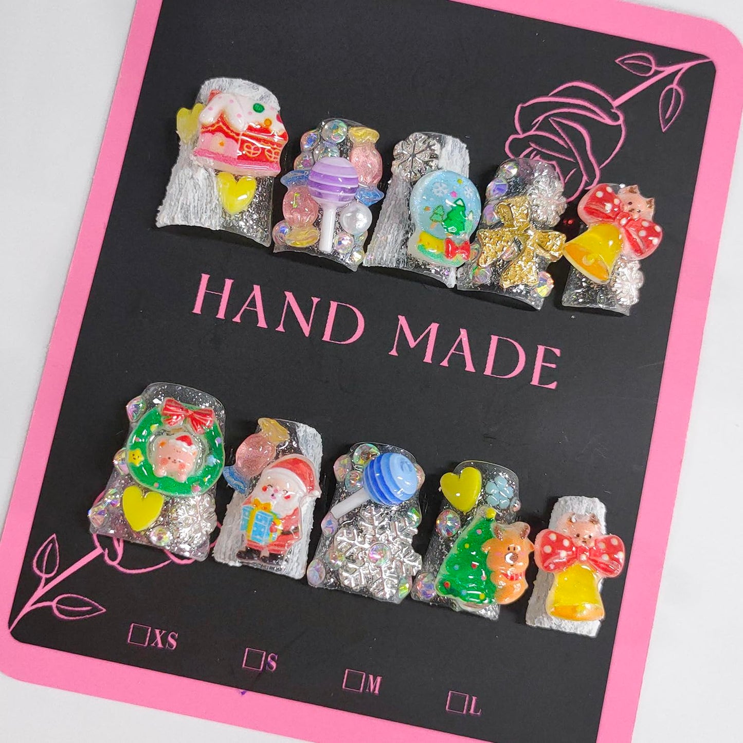 Christmas Press on Nails Handmade Fake Nails Short Duck Thick Acrylic Nail Cute False Nails with Bow Santa Lollipop Charms Glitter Designs Winter Sturdy Nail Art Press on Nails 10Pcs(M)