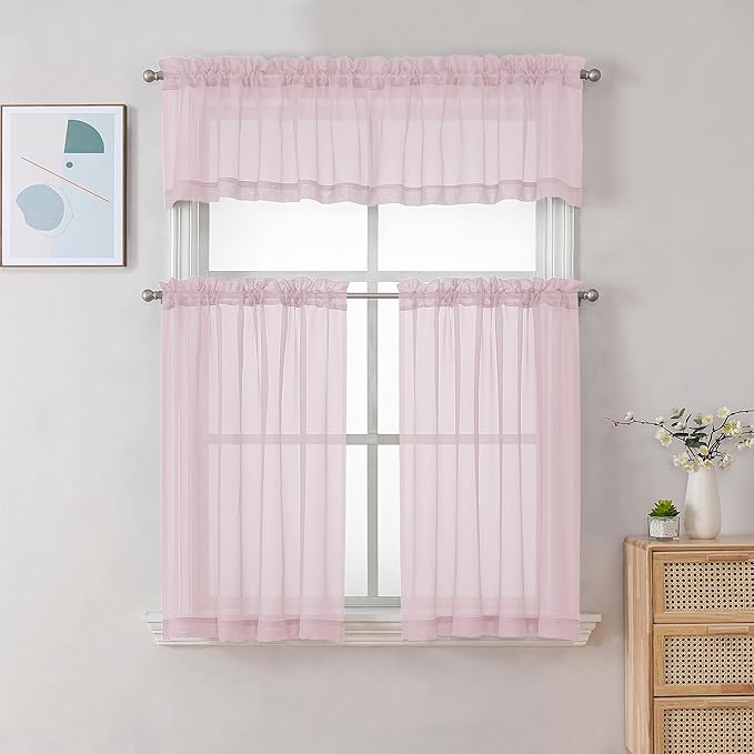 Chyhomenyc Blush Pink Sheer Valances for Windows - Light Filtering Small Kitchen Curtains, Rod Pocket Short Top Window Treatment Decor for Living Room Bathroom Basement, 42Wx16L inches, 2 Panels
