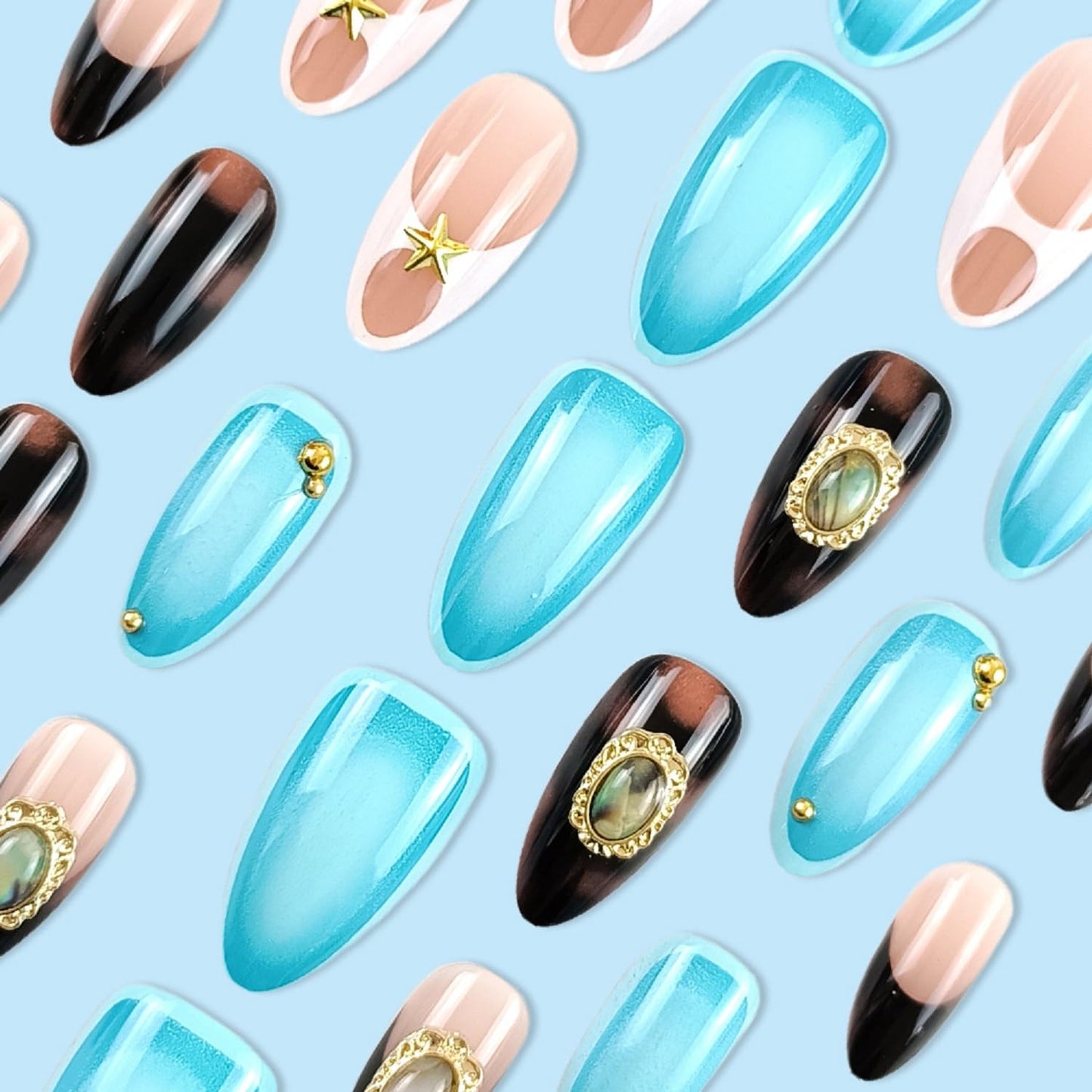 Medium Almond Press On Nails French Tip Fake Nails Star With Metal Charms Design Blue False Nails Full Cover Artificial Glue On Nail Acrylic Reusable Stick On Nail For Women Manicure Art 24pcs