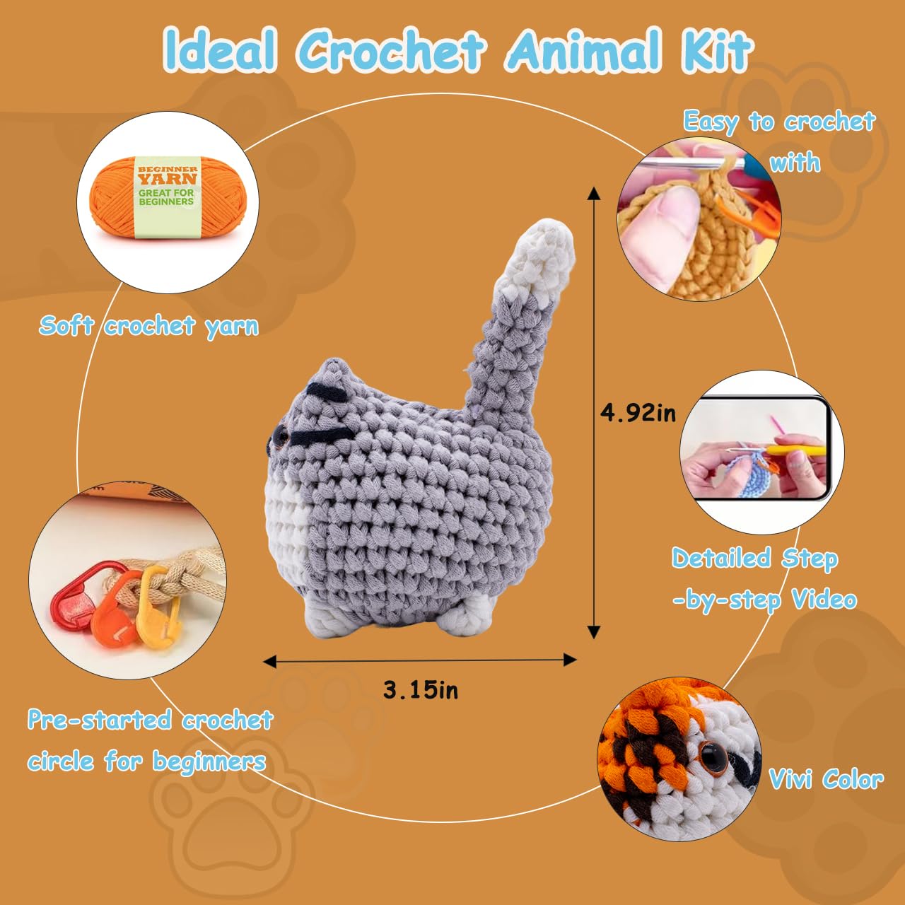 Crochet Kit for Beginners with Step by Step Manual & Video Guides, Amigurumi Crochet Kits for Starters Knitting, Beginner Crochet Animals for Adults Teens with Safety Eyes, Hooks, Easy Yarn, Needles
