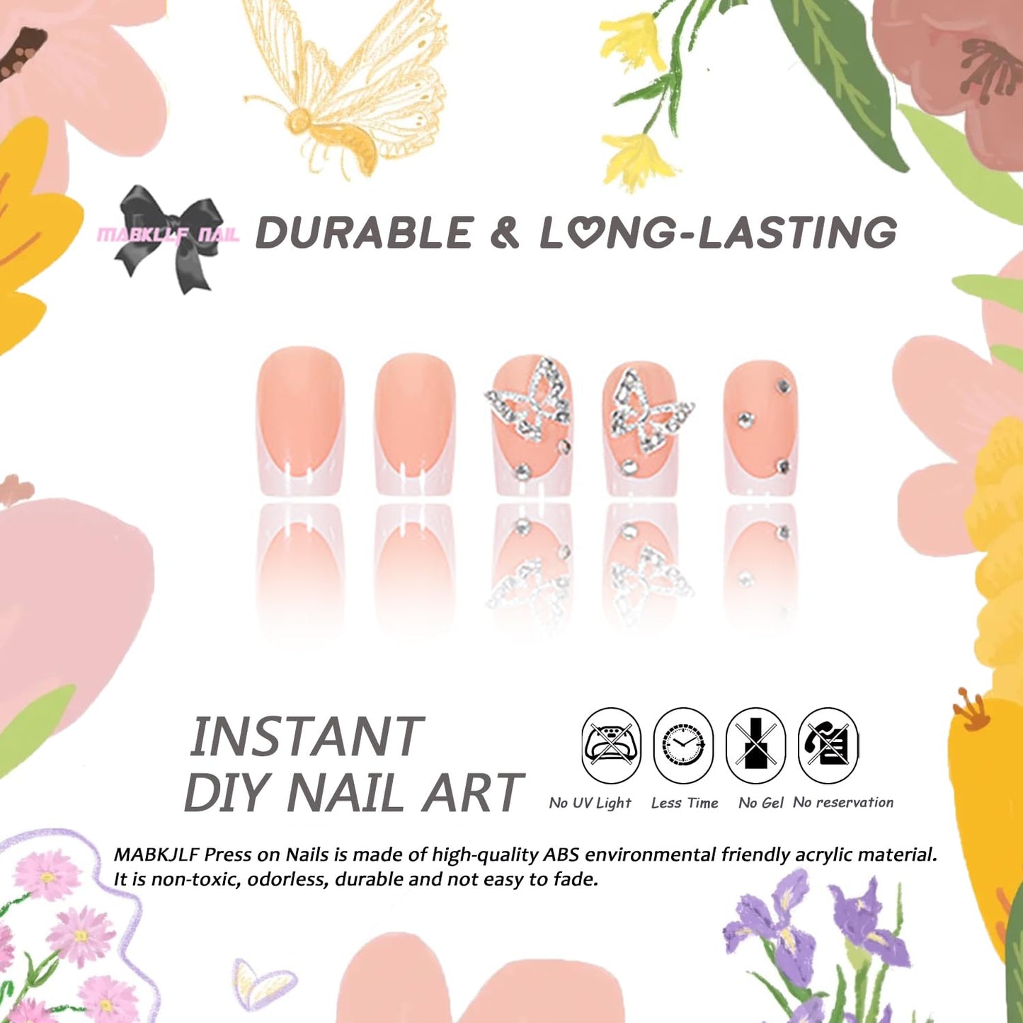 Press on Nails Extra Short Square MABKJLF French Tip Fake Nails Nude Full Cover Glue on Nails Rhinestones False Nails Butterfly Charm Acrylic Nails Stick on Nails Artificial Nails for Women Girls