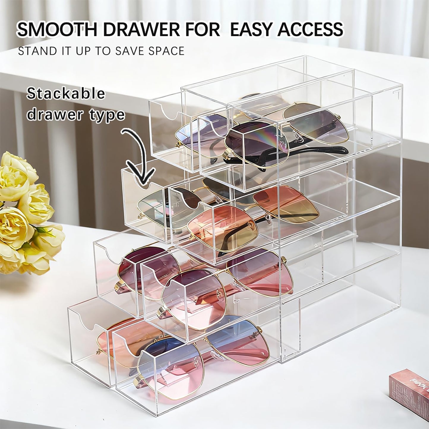 chunhai 2 Pack Sunglasses Organizer, Acrylic Eyeglass Case Clear Eyeglass Holder Eyewear Display Case with 4 Drawers for Women and Men, Jewelry Watch Storage