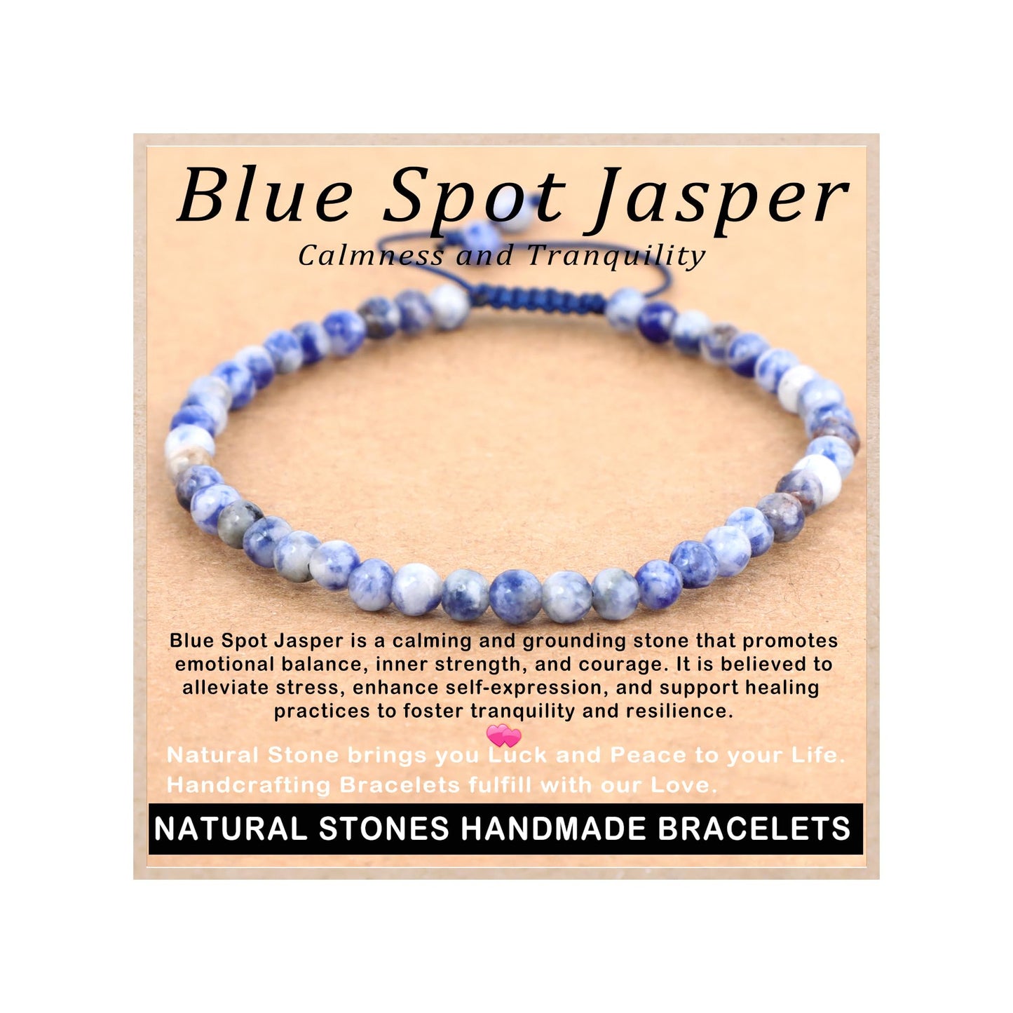 AD Beads 4mm Blue Spot Jasper - Calmness and Tranquility - Handmade Natural Stone Crystal Bracelet with Adjustable Macrame String - Yoga Healing Power Energy Gifts for Men and Women