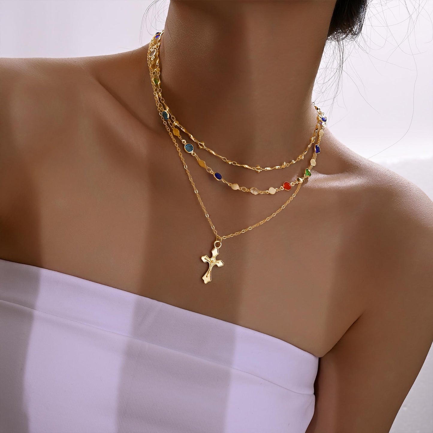 3PCS Layered Gold Cross Necklaces for Women Trendy, Bohemian Bead Pearl Y Long Pendant Necklace Set, Vintage Rosary Necklace Stack Adjustable Length
