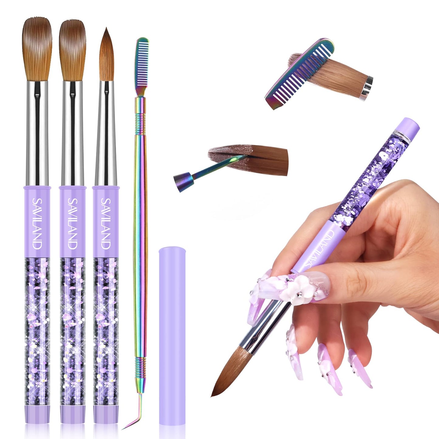 SAVILAND Kolinsky Acrylic Nail Brush Set: Size 6,10,14 Professional Nail Brushes Cleaner Manicure Tool for Acrylics Application Acrylic Powder Nails Extension 3D Carving for Nails Art DIY