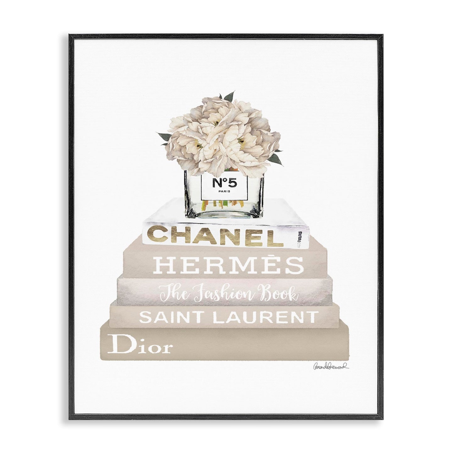 Stupell Industries 'Beige High Fashion Bookstack', Framed Giclee Art, Black, 11 x 14 Inches, Easy to Hang and Sturdy, Made in USA, by Amanda Greenwood