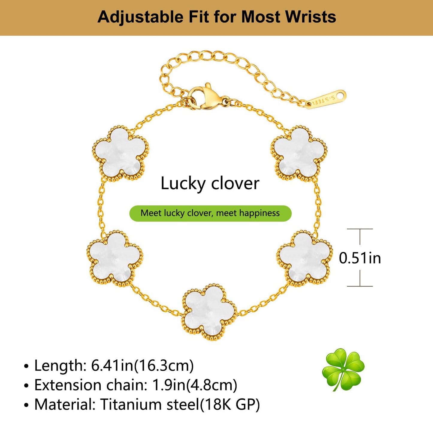 Eclatienne Four Leaf Clover Bracelet for Women – 18K Gold Plated Stainless Steel Lucky Bracelet, Adjustable 4 Leaf Charm Jewelry Gift (White)