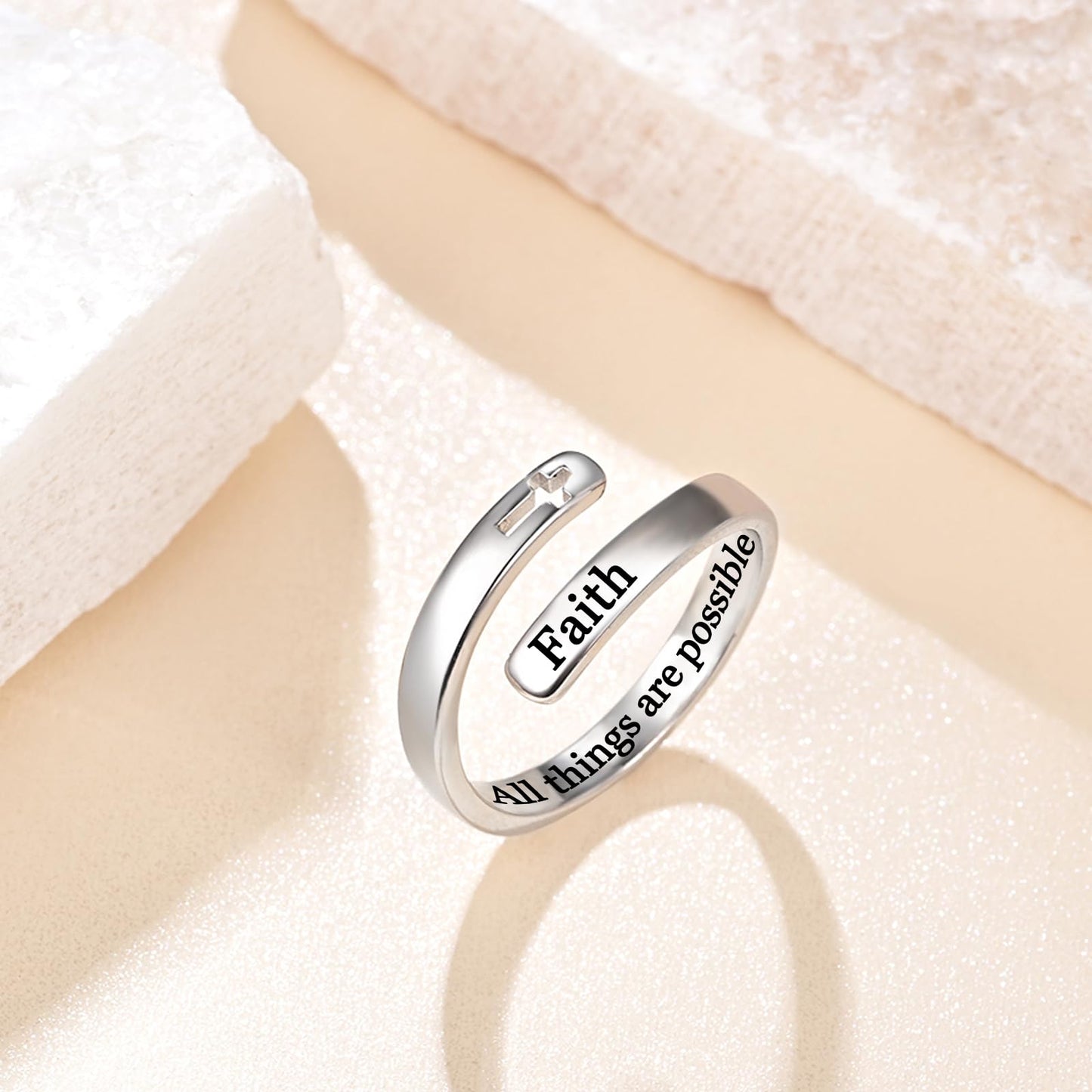 925 Sterling Silver Inspirational Jewelry Adjustable Wrap Open Ring Encouragement Gift for Women(Faith All things are possible)
