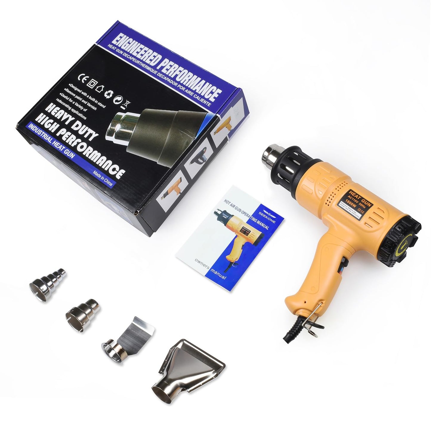 SEEKONE Heat Gun 1800W 122℉-1202℉（50℃- 650℃）Fast Heating Heavy Duty Hot Air Gun Kit Variable Temperature Control Overheat Protection with 4 Nozzles for Crafts, Shrinking PVC, Stripping Paint(5.2FT)
