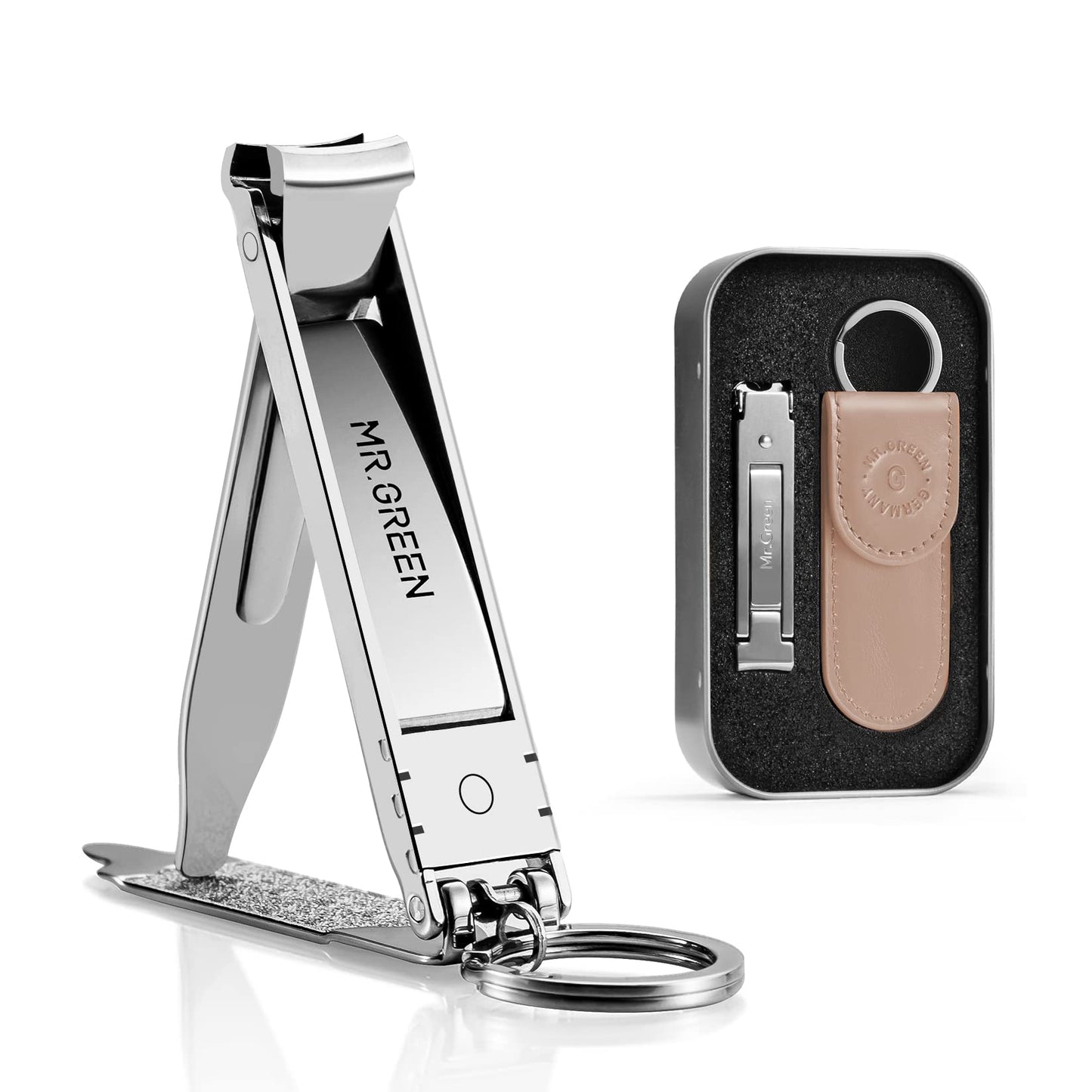 MR.GREEN Collapsible Nail Clippers Small and Thin Portable Travel Nail Scissors Cutter Stainless Steel Manicure Tools with Nail Files (Brown Leather Case+ Iron Box)