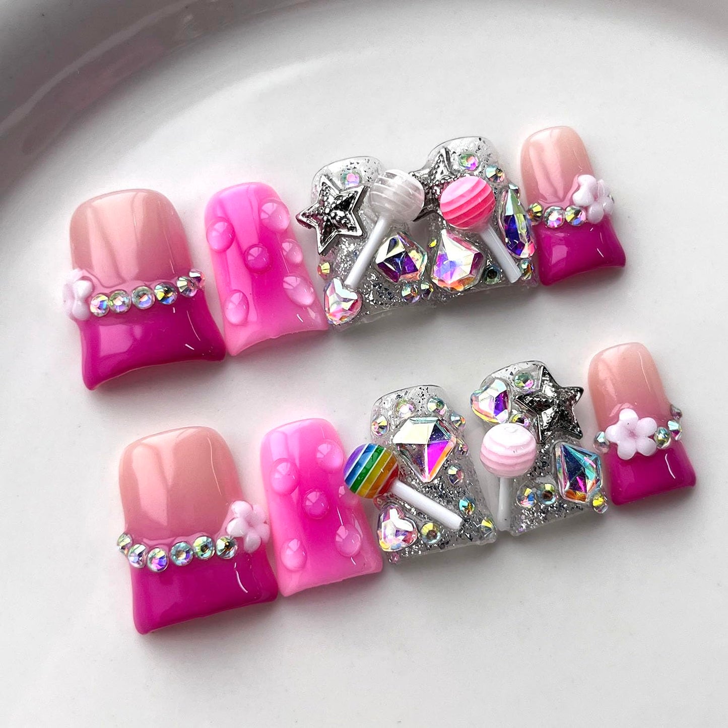 French Tip Press on Nails Handmade Short Duck 3D Thick Acrylic Nails Cute False Nails with Lollipop Stars Flower Designs Pink Glossy Fake Nail Sturdy Art Press on Nail 10Pcs(S)