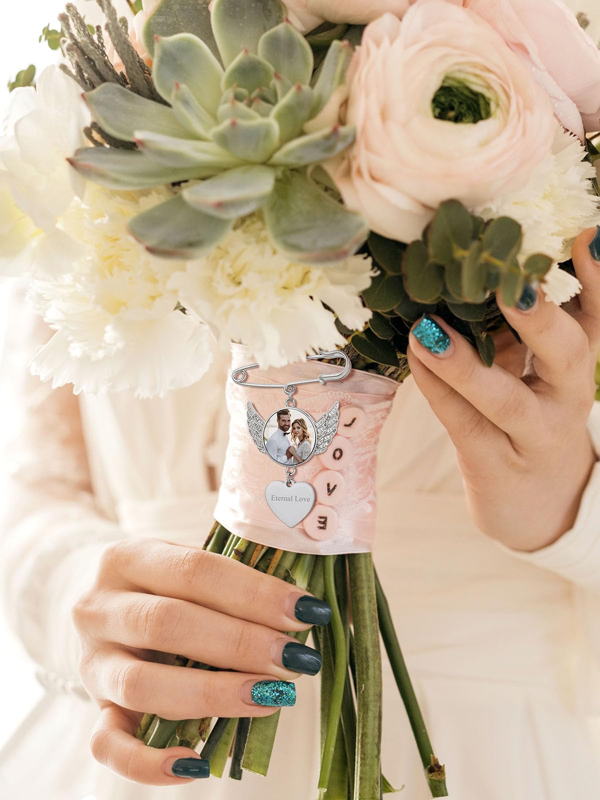 Custom4U Wedding Flower Charms Photo Customize Heart Shaped with CZs for Graduation Funeral