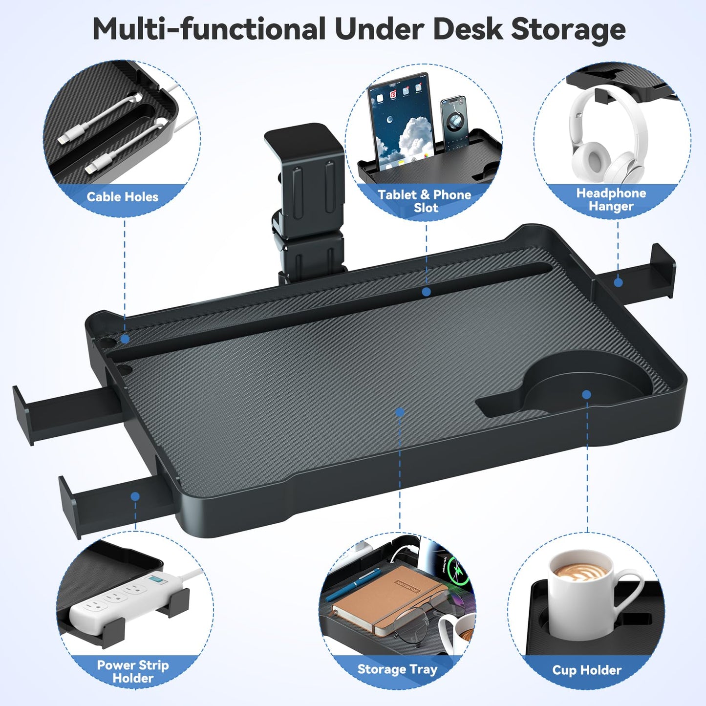 KDD Under Desk Organizer - 360° Rotating Clamp-On Tray with Headphone Hook, Phone & Tablet Holder, Cup Holder, and Cable Management - No Drilling Desk Storage Accessories for Office and Home