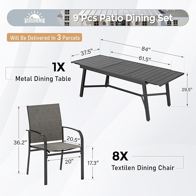 9 Piece Patio Dining Set for 8, Rectangular Extendable Dining Table, 8 Metal Brown Chairs, Outdoor Table and Chairs Set for Lawn Backyard and Deck