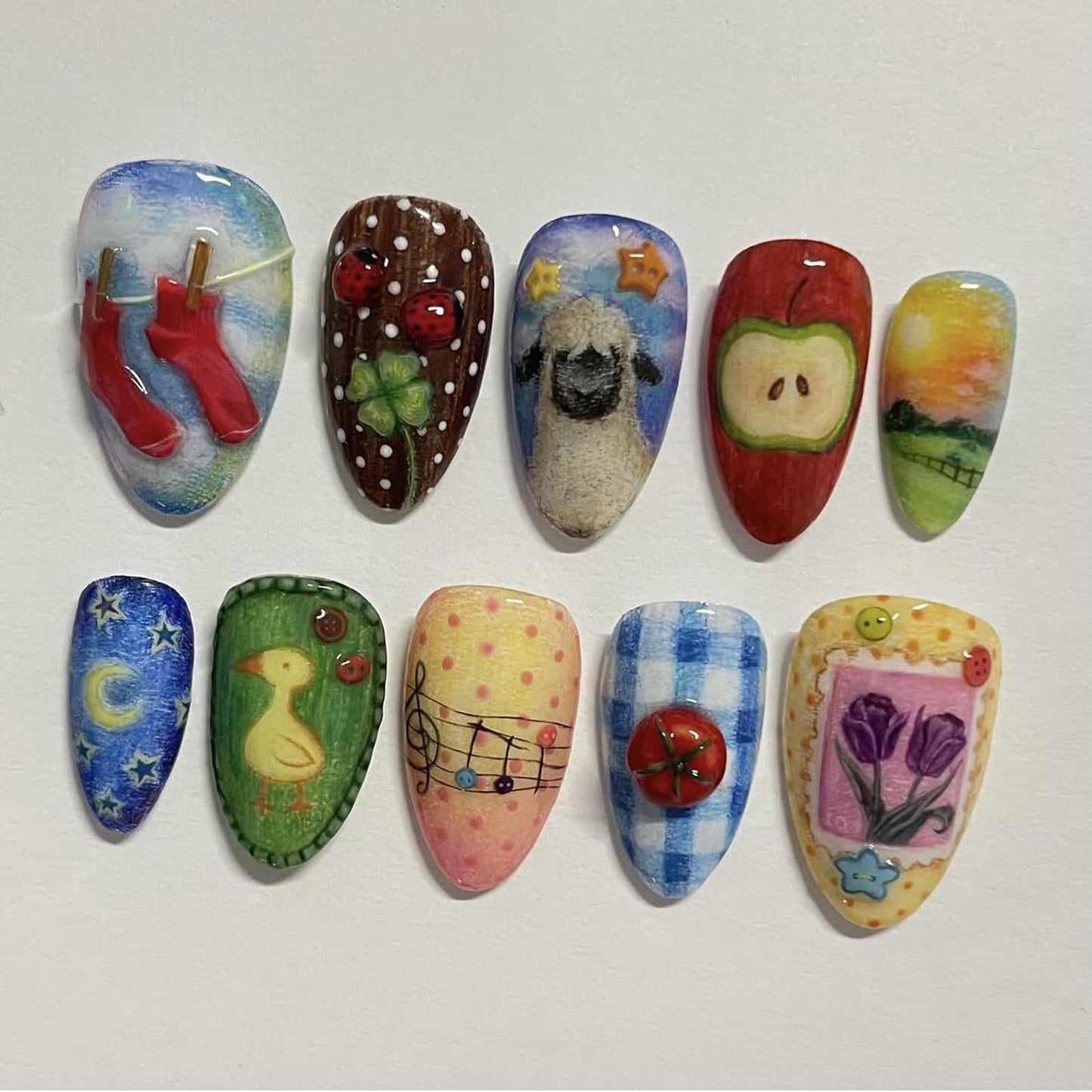IMRAIN Press on Nails Medium Almond Fake Nails with Cute Pattern Design Blue Red Acrylic False Nails Y2K Summer Full Cover Artificial Stick on Nails for Women Girls 24Pcs