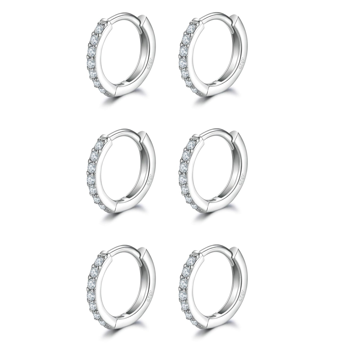 Sterling Silver Small Hoop Earrings Tiny Cartilage Earring Cubic Zirconia Cuff Huggie Earrings Mini Hoops Earrings Piercing for Women 3 Pairs 8mm