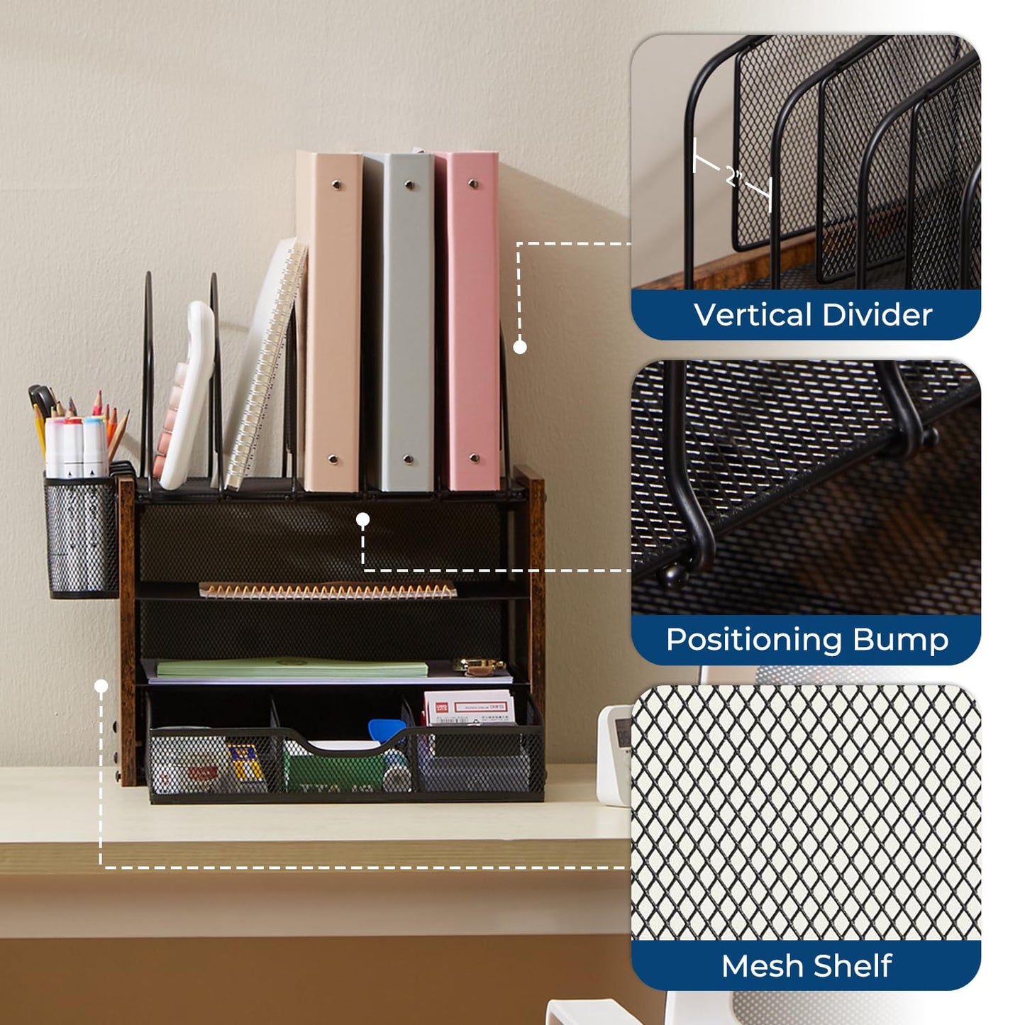 Y YOMA Wooden Desk Organizer, 4-Tier Mesh Desk Organizer with Drawer, Paper Tray & 5 Vertical File Holders, 2 Pen Holders, Desktop Organizer and Accessories for Home Office Dorm