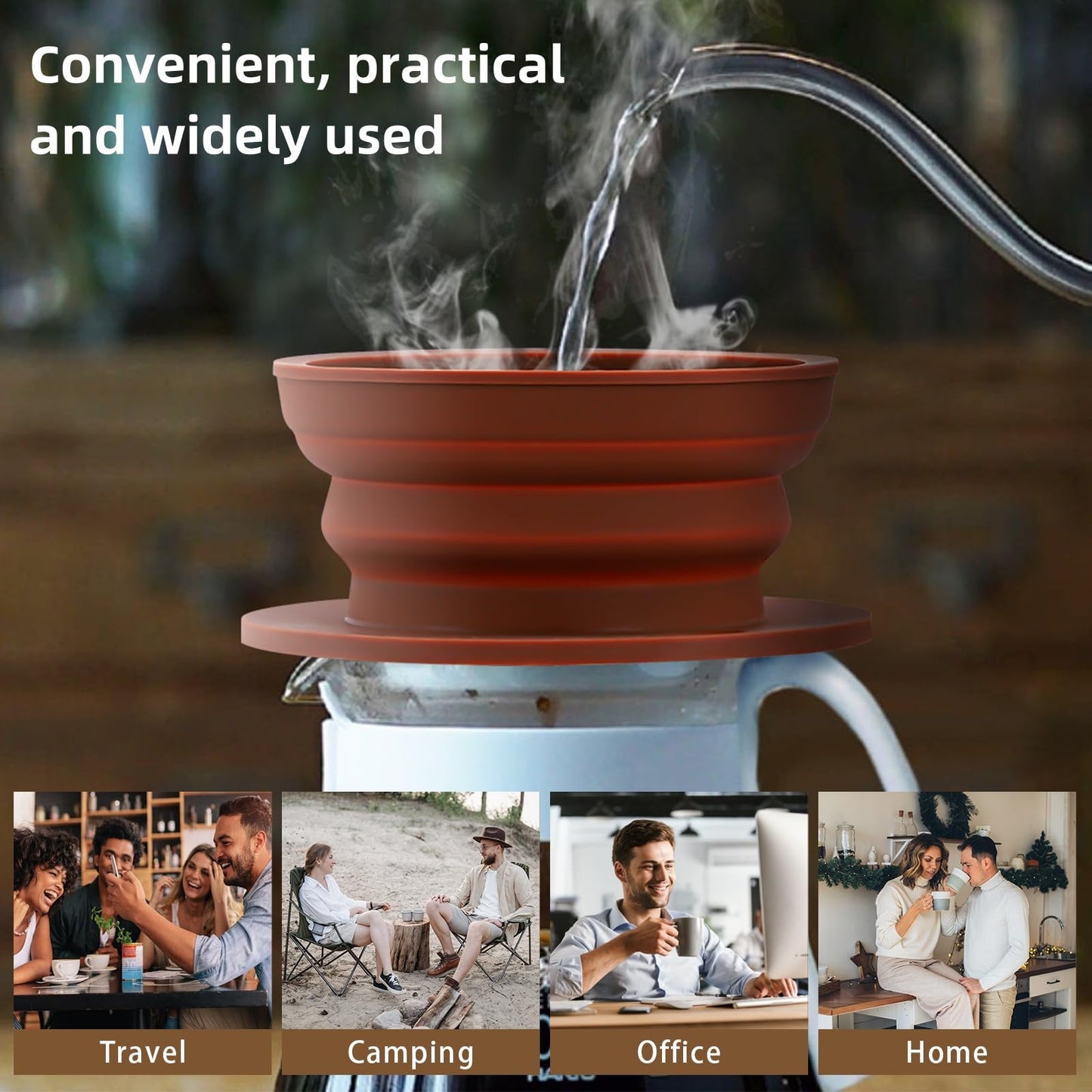 VVGCS Set of 2 Paperless Collapsible Travel Pour Over Coffee Dripper Kit - Silicone Travel Pour Over Coffee Maker Camping - Collapsible Coffee Filter with Stainless Steel Filter (Brown+Grey)